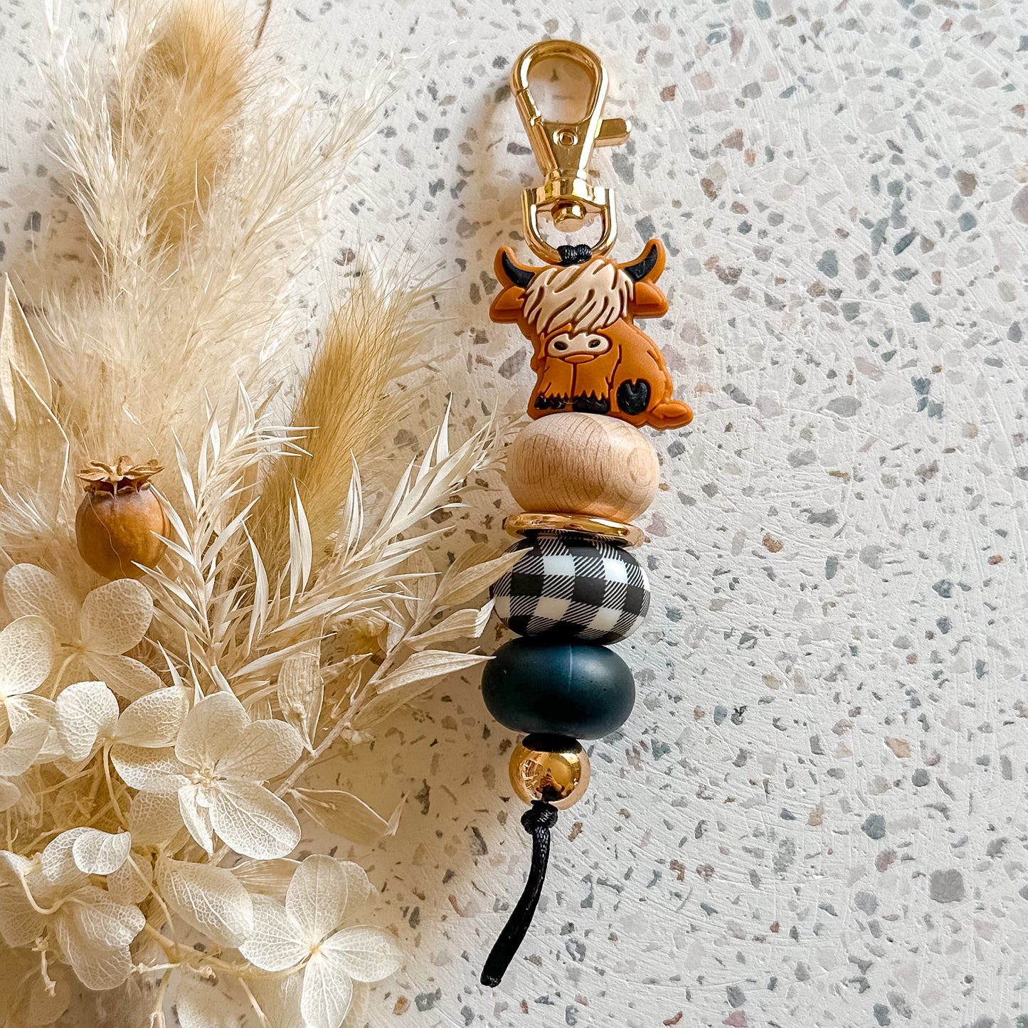 Highland Cow Keyring | Black Gingham | Brown