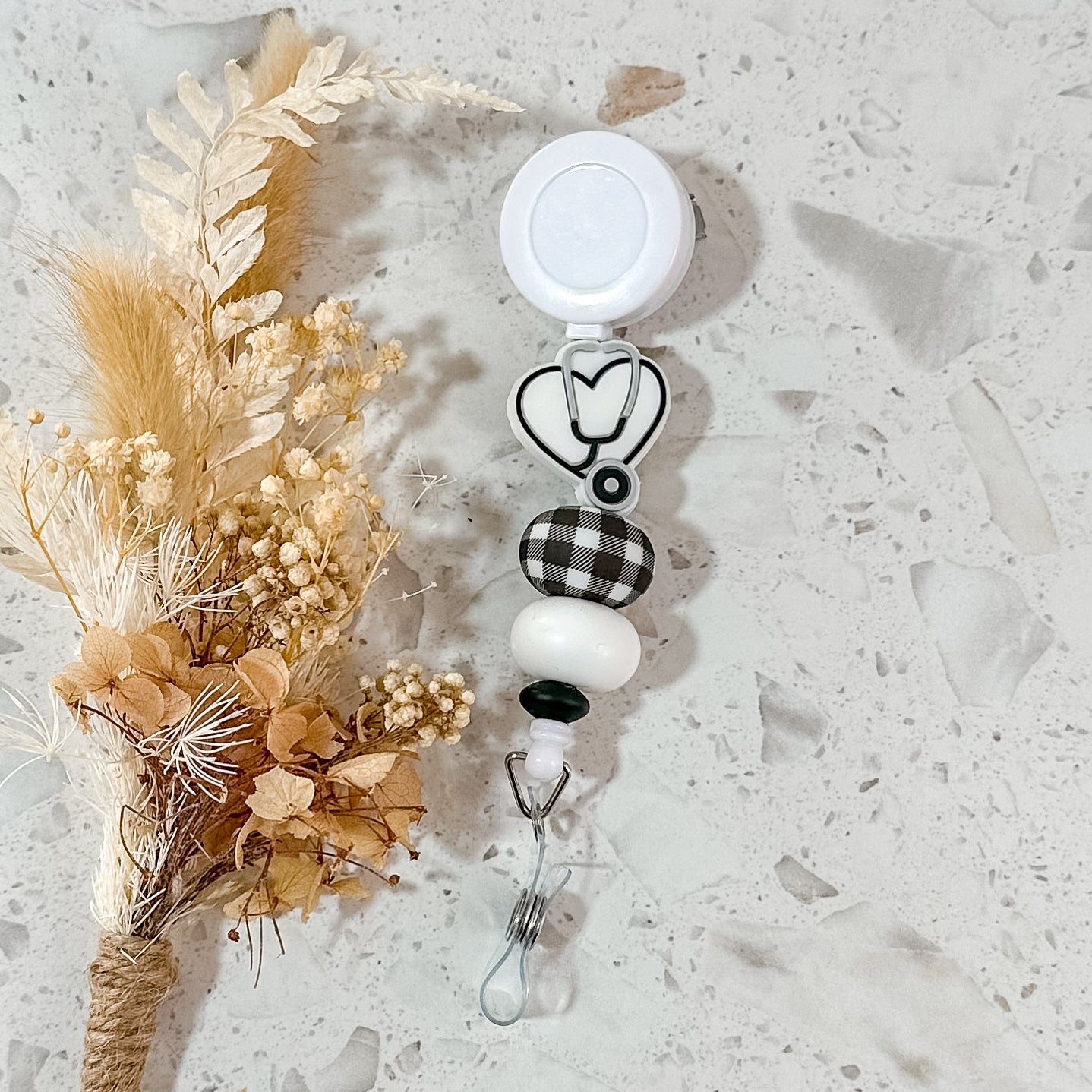 Stethoscope Heart Badge Reel | White