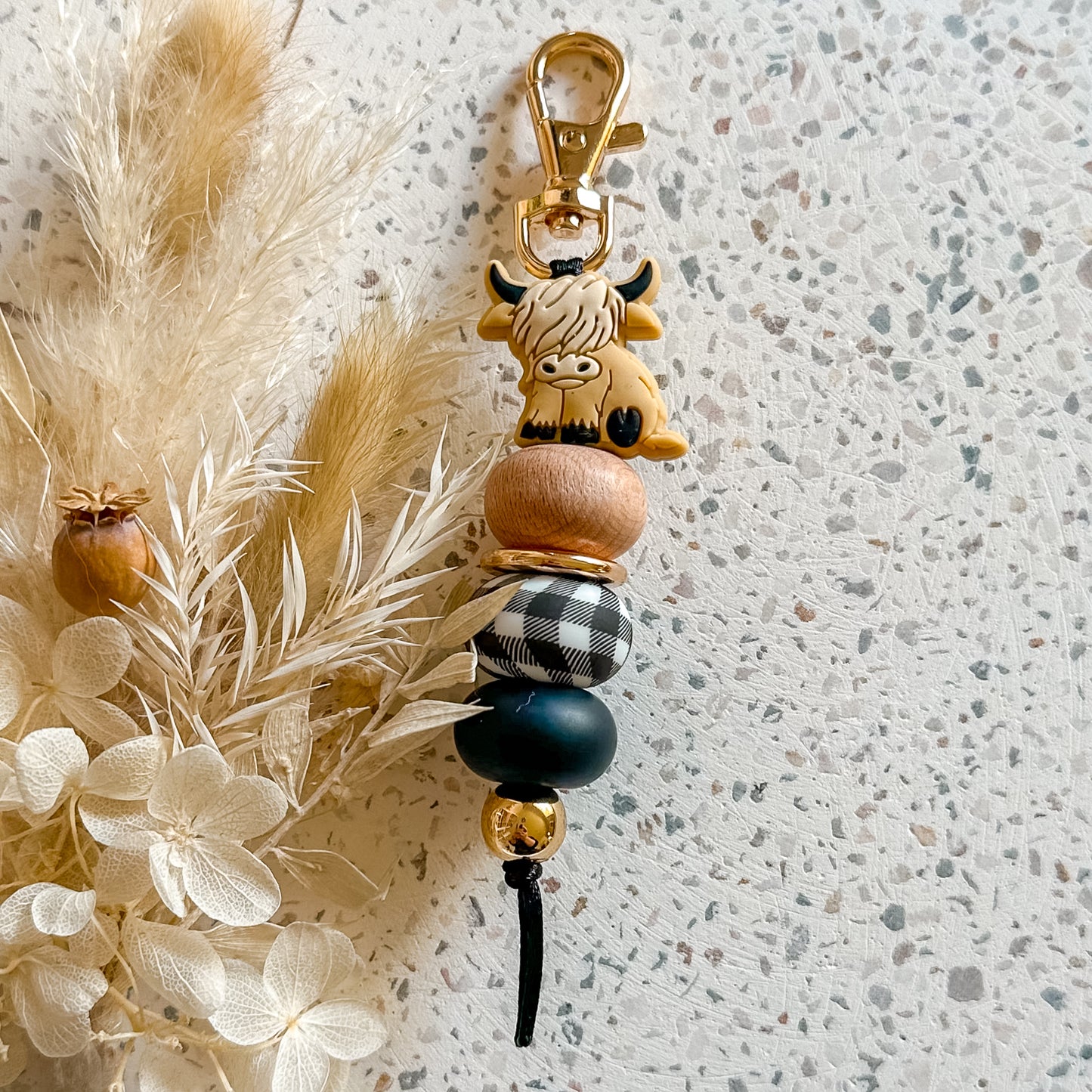 Highland Cow Keyring | Black Gingham | Cream