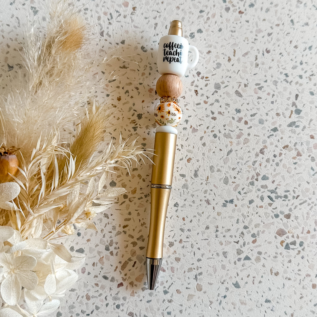 Coffee Teach Repeat Pen | Gold Sunflowers