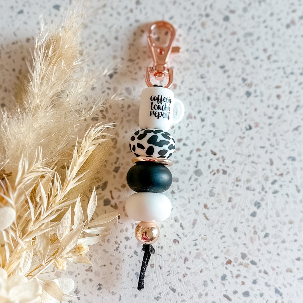 Coffee Teach Repeat Keyring | Rose Gold Cow Print
