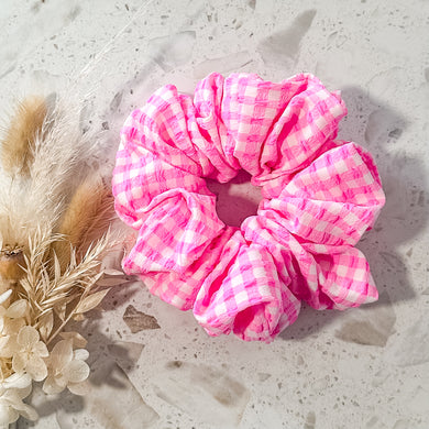 Textured Hot Pink Gingham Luxe Scrunchies