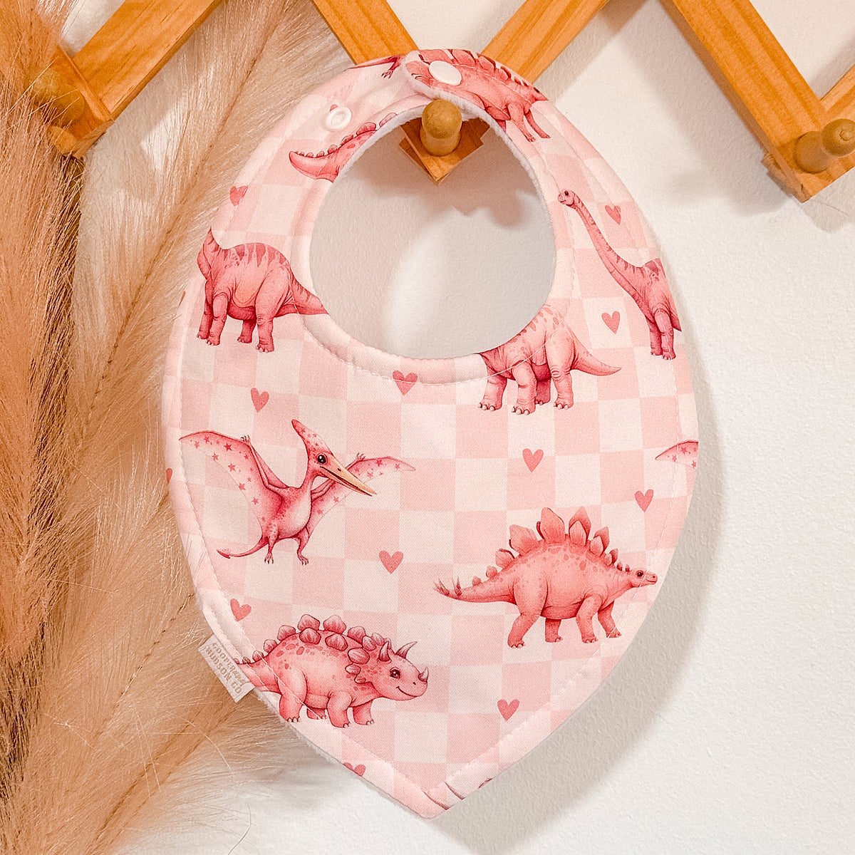 Gingham Dino Bibs | Pink
