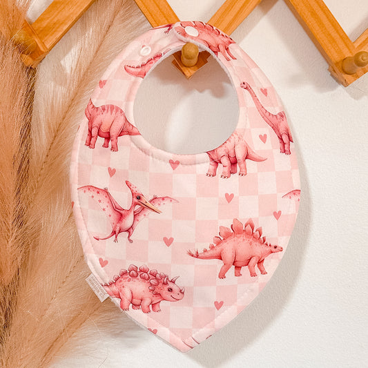 Gingham Dino Bibs | Pink
