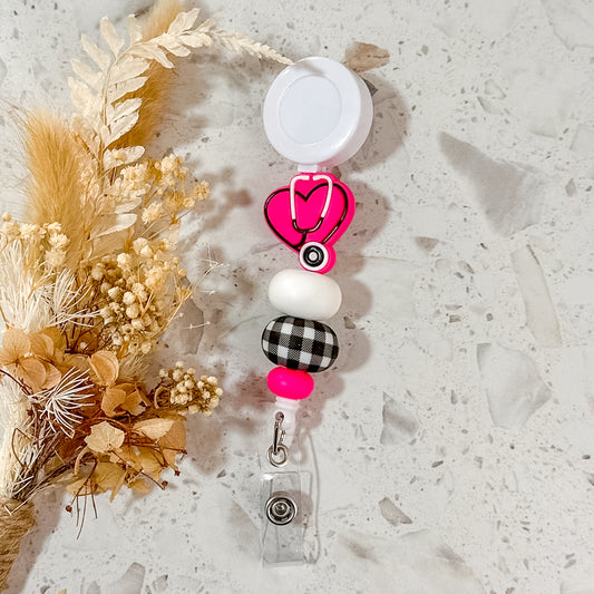 Stethoscope Heart Badge Reel | Hot Pink