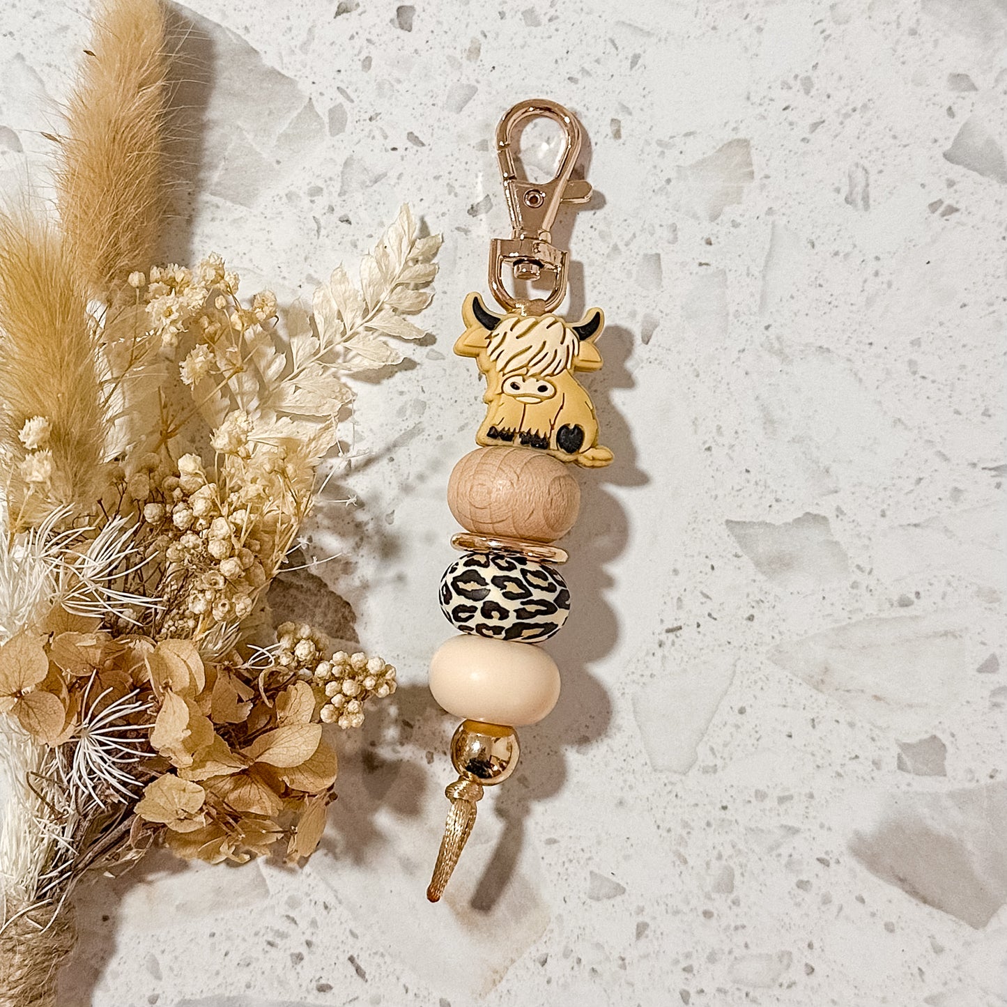 Highland Cow Keyring | Leopard | Cream