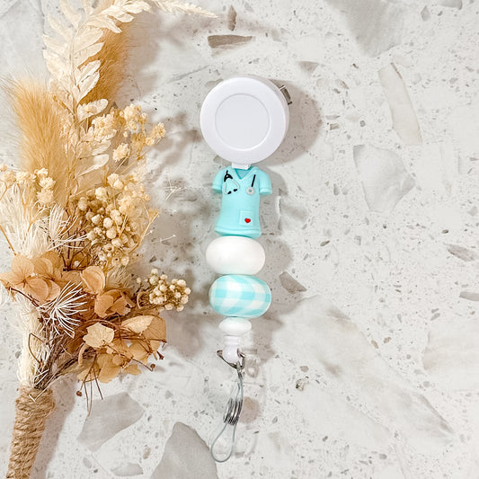 3D Scrubs White Badge Reel | Blue Gingham