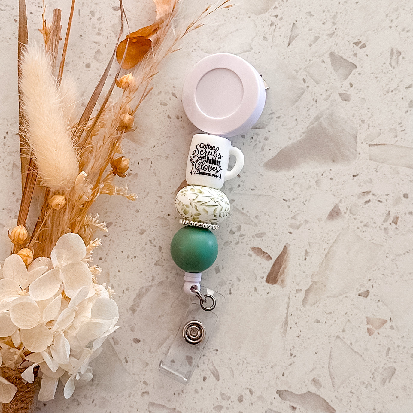 Coffee, Scrubs, Rubber Gloves Badge Reel | Green