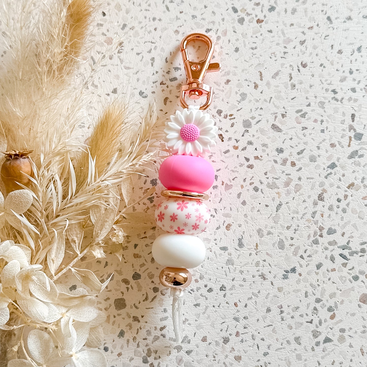 Blushing Bloom Keyring | White | Hot Pink Daisy